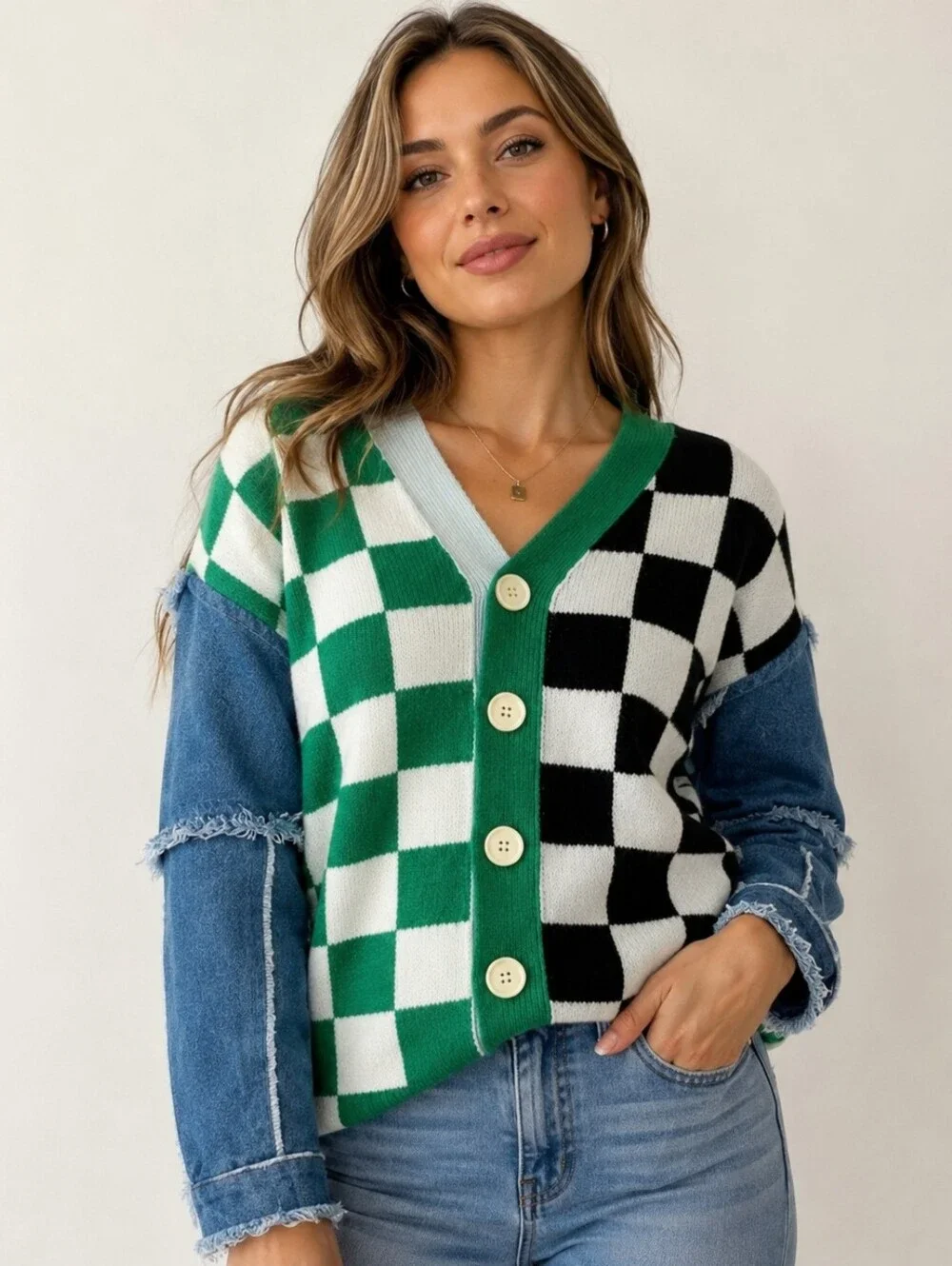 ILLA ILLA Checkerboard Button-Front Cardigan With Denim Sleeves Sz S/M NWOT